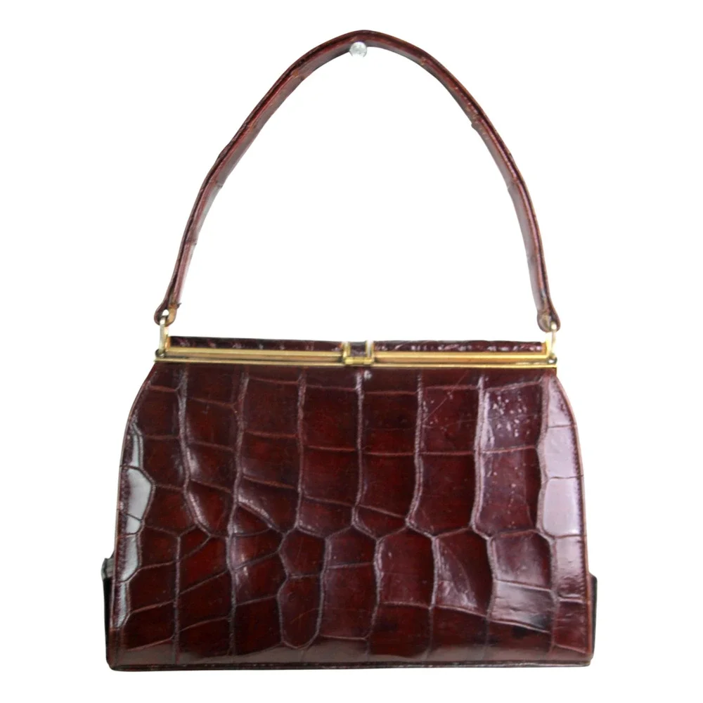 VINTAGE BROWN CROCODILE SKIN FRAME TOP HANDLE SHOULDER BAG HANDBAG SATCHEL PURSE